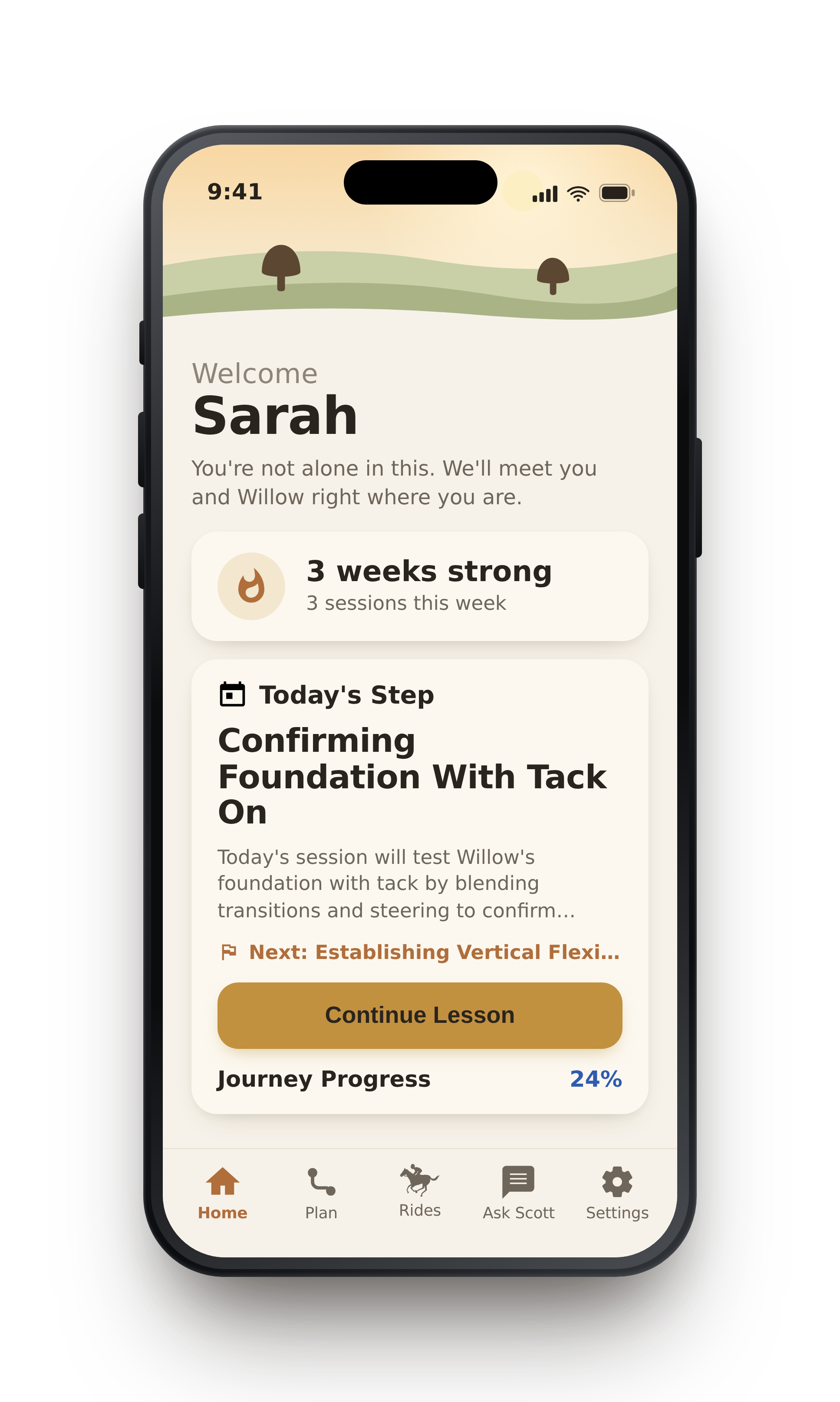 Rider's Way app home screen showing today's ride and streak
